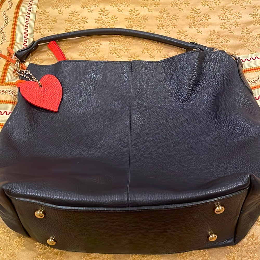 Dark Navy Italian Soft Pebbled Leather Shoulder Bag With Python Snake Interior.